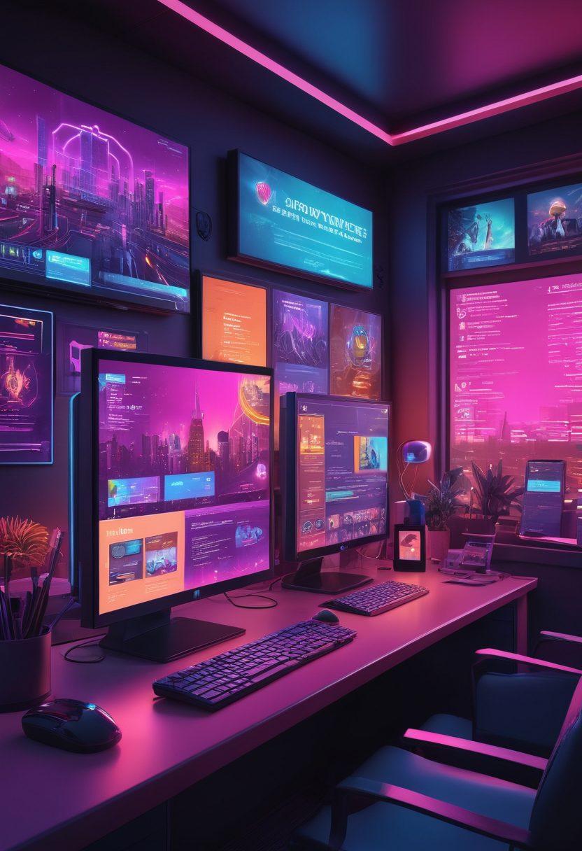A sleek digital landscape featuring diverse adult-themed sites, with playful icons representing premium content and dating services. In the foreground, an inviting computer screen displays colorful thumbnails and enticing graphics glimmering in neon lights. A modern, stylish workspace hints at exploration and discovery, surrounded by subtle technology motifs. The atmosphere is both alluring and intriguing, evoking a sense of adventure in the adult realm. cyberpunk. vibrant colors. 3D.