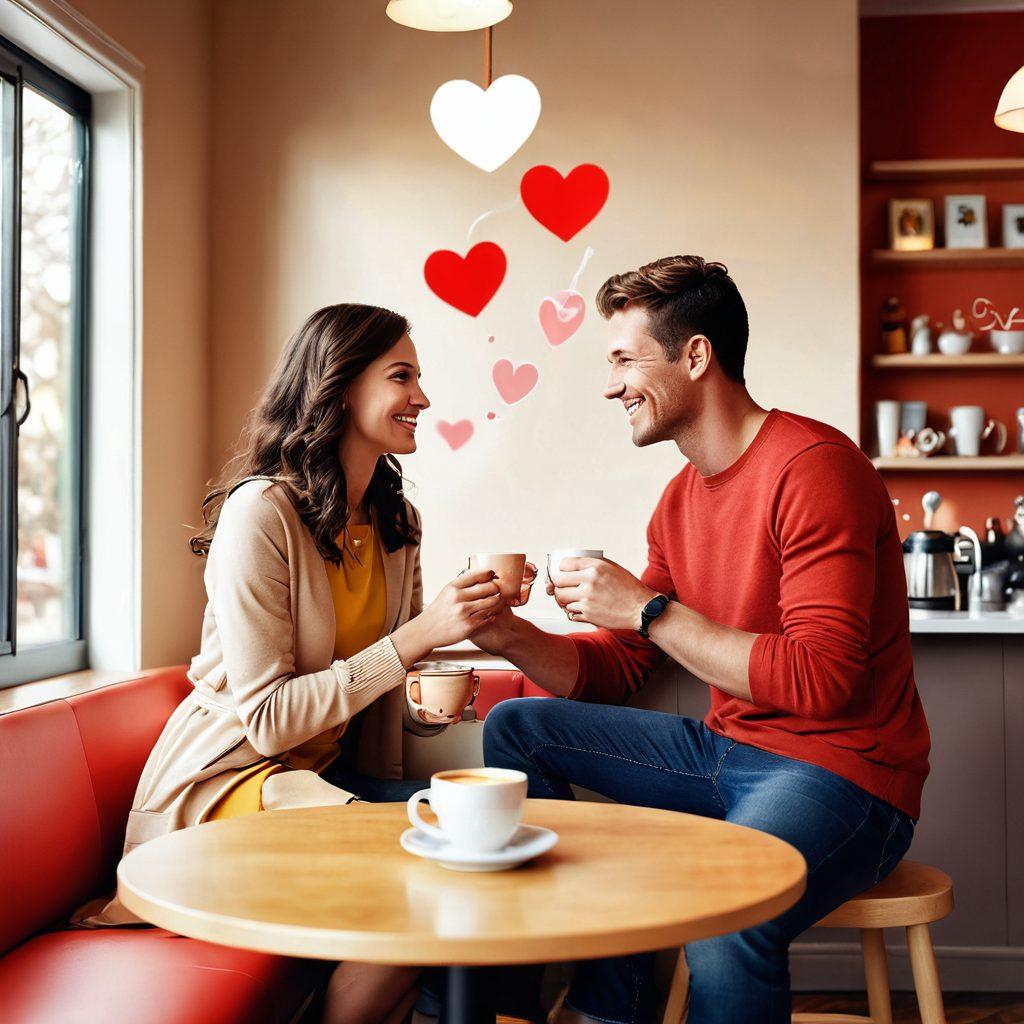 A modern couple sharing a flirty conversation over coffee, with playful gestures and smiles. Surround them with subtle icons representing healthy sexual practices and online dating, like hearts and chat bubbles, suspended in a soft, warm ambiance. The background is a cozy café setting bathed in natural light to convey warmth and connection. super-realistic. vibrant colors. 3D.