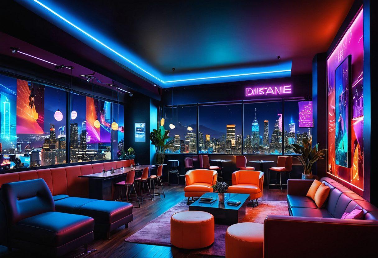 A vibrant collage depicting a bustling cityscape at night, with neon lights illuminating a lively dating service office and an upscale lounge for adult entertainment. Include diverse couples enjoying their time together, showcasing passion and connection. The scene should convey excitement and allure, with striking colors, interesting textures, and an inviting atmosphere. cyberpunk style. vibrant colors. 3D effect.